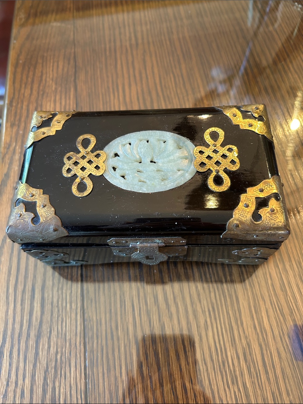 Vintage Decorative Black Lacquer Jewelry Box with Jade Inlay and Brass Accents